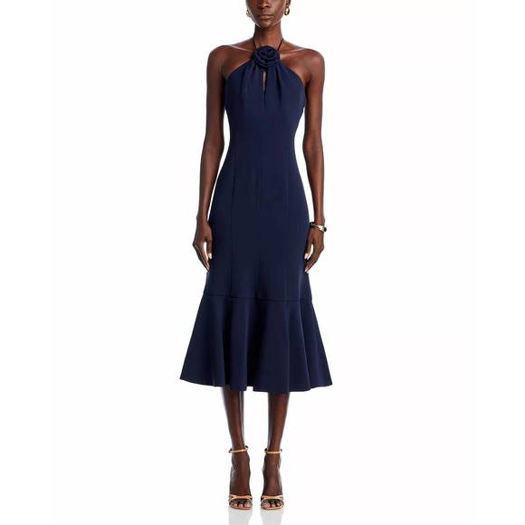 NEW CINQ A SEPT crepe flower jennie midi dress in navy - Picture 1 of 6